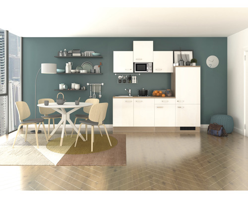 Küchenblock Flex Well Valero 8403 weiß glänzend/Sonoma Eiche 210 cm inkl. Einbaugeräte