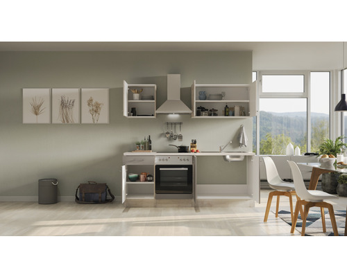 Helle Küche mit Spüle, Kochfeld, Backofen, Dunstabzugshaube und Hängeschränken in einem modernen Küchendesign.