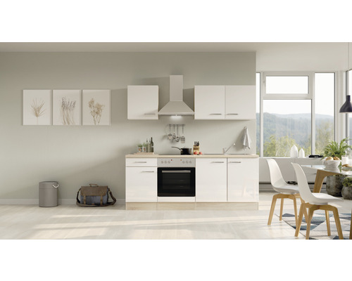 Küchenblock Flex Well Valero 12368 weiß glänzend/Sonoma Eiche 210 cm inkl. Einbaugeräte