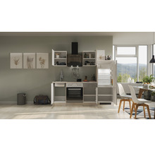 Komplette Küche mit Küchenschränken, Spüle, Herd, Backofen, Dunstabzugshaube und Kühlschrank in einem hellen Raum