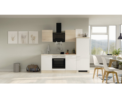 Küchenblock Flex Well Samoa 12334 weiß/Sonoma Eiche 220 cm inkl. Einbaugeräte Helle Einbauküche mit Elektrogeräten in einem modern eingerichteten Raum