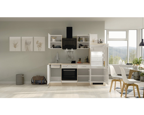 Komplette Küchenzeile mit Geräten, Spüle, Herd, Ofen und Dunstabzugshaube in einem hellen Raum