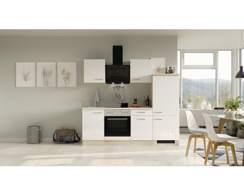Küchenblock Flex Well Valero 12336 weiß glänzend/Sonoma Eiche 220 cm inkl. Einbaugeräte