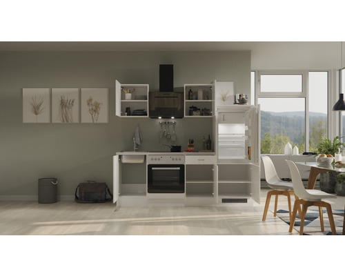 Helle Küche mit Küchenschränken, Dunstabzugshaube, Herd, Spüle und Kühlschrank.