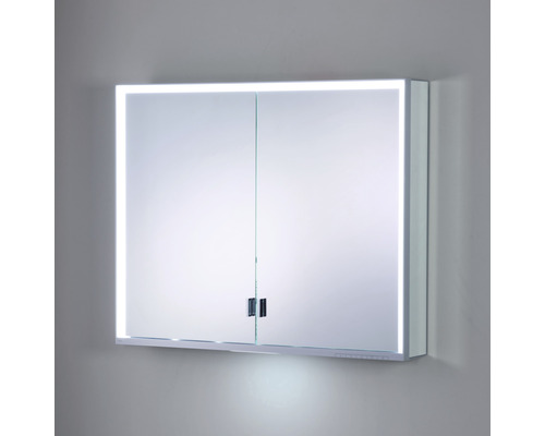 Beleuchteter Spiegelschrank mit zwei Türen zur Wandmontage.