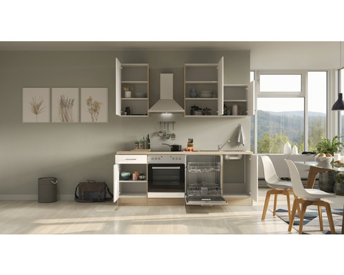 Komplette Küche mit Spülmaschine, Herd, Dunstabzugshaube und Hängeschränken in einem hellen Raum.