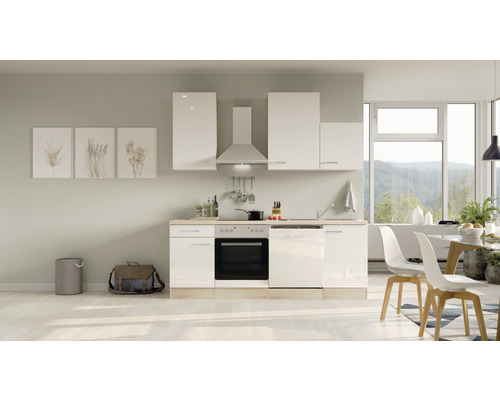 Küchenblock Flex Well Valero 8212 weiß glänzend/Sonoma Eiche 220 cm inkl. Einbaugeräte