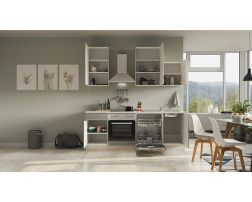 Küchenszene mit Einbauküche, Spüle, Geschirrspüler, Herd, Dunstabzugshaube, Hängeschränken, Esstisch und Stühlen.