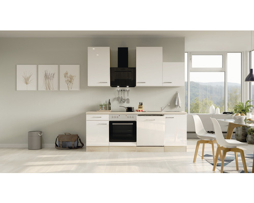 Küchenblock Flex Well Valero 7858 weiß glänzend/Sonoma Eiche 220 cm inkl. Einbaugeräte