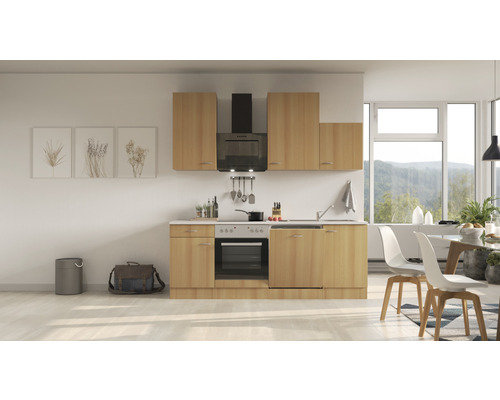 Küchenblock Flex Well Nano 8226 Buche-Dekor/Buche-Dekor 220 cm inkl. Einbaugeräte Komplette Küche mit Ober- und Unterschränken, Dunstabzugshaube, Spüle und Elektrogeräten in heller Holzausführung