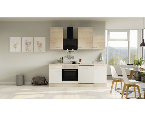 Küchenblock Flex Well Samoa 8229 weiß/Sonoma Eiche 220 cm inkl. Einbaugeräte Helle Küche mit Ober- und Unterschränken, Dunstabzugshaube und Elektrogeräten.
