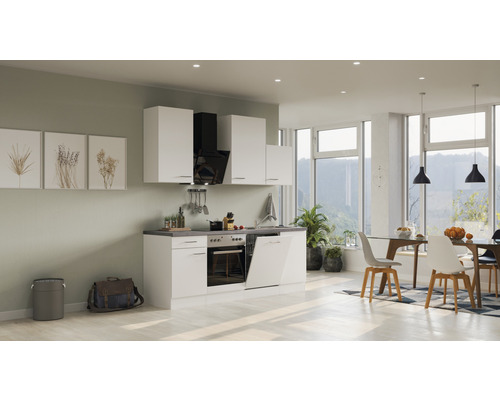 Helle Küche mit weißen Schränken, Spüle, Herd und Dunstabzugshaube in einem modernen Interieur.