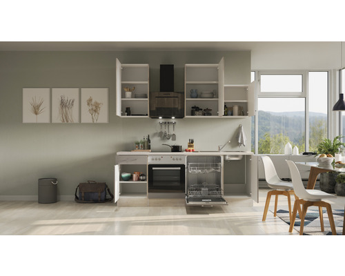 Küchenzeile mit Spüle, Spülmaschine, Herd, Dunstabzugshaube und offenen Hängeschränken in einem hellen Raum