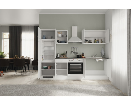 Komplette Küchenzeile mit Elektrogeräten, Spüle, Hängeschränken und Kühlschrank