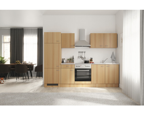Küchenblock Flex Well Nano 12347 Buche-Dekor/Buche-Dekor 270 cm inkl. Einbaugeräte Helle Küche mit Holzfronten, Dunstabzugshaube und Essbereich