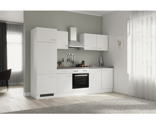 Komplette Küchenzeile mit Spüle, Herd, Dunstabzugshaube und Hängeschränken in einem hellen Raum