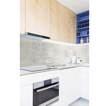 Küchenszene mit Einbaubackofen, Kochfeld, Dunstabzugshaube, Küchenschränken und Spüle