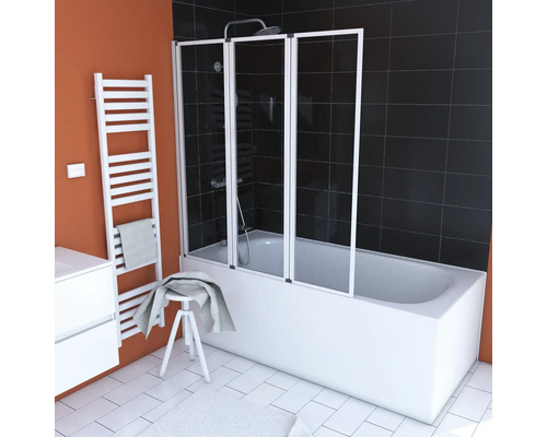 Badewannenfaltwand Aurlane Triple 3-teilig 1250x1430 mm Echtglas Klar hell weiß Badezimmer mit Badewanne, Badewannenaufsatz aus Glas und Handtuchwärmer