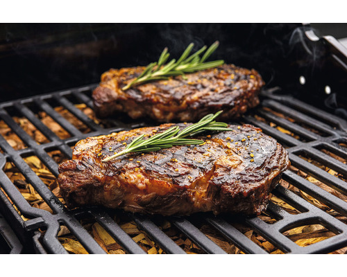 Zwei Steaks mit Rosmarin auf einem Grill