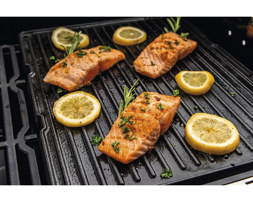 Gegrillter Lachs mit Zitronenscheiben und Rosmarin auf einem Grillrost