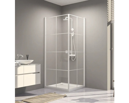 Eckeinstieg mit Pendeltür Aurlane Galaxy 900x900x2000 mm Echtglas Klar hell weiß Eckdusche mit Duschkopf und Armaturen in modernem Badezimmer