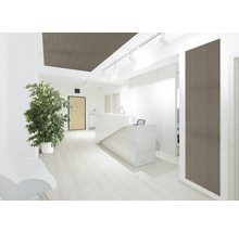 Heller Empfangsbereich mit Holzlamellendecke und Akustikpaneelen an der Wand