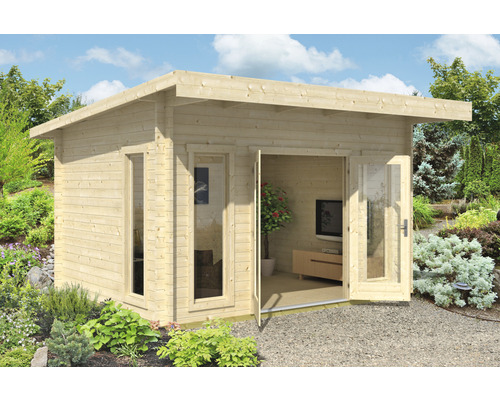 Holz Gartenhaus mit Flachdach, Fenster und Doppeltür im Garten