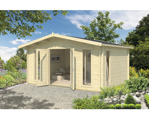 Gartenhaus aus Holz mit offenen Doppeltüren und Fenstern
