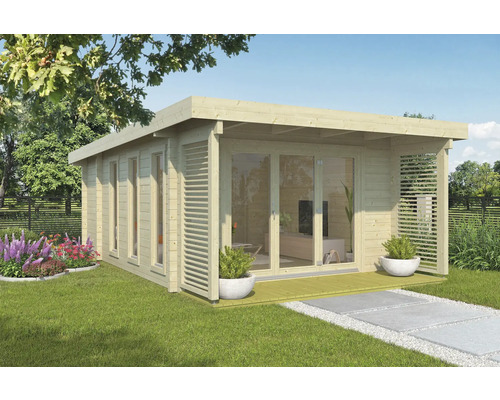 Modernes Gartenhaus aus Holz mit Flachdach und großen Fensterfronten im Garten.