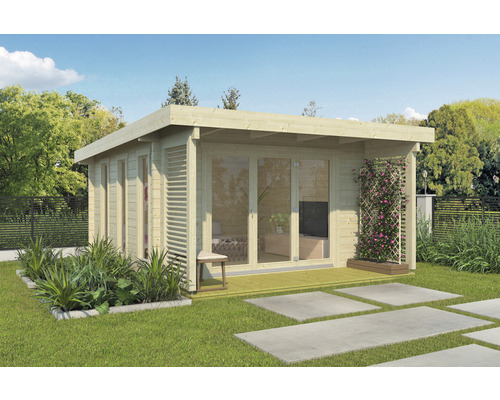 Modernes Gartenhaus aus Holz mit Flachdach, Terrasse und Schiebetüren auf Rasenfläche