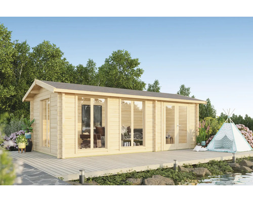 Gartenhaus mit Terrasse und großen Fenstern