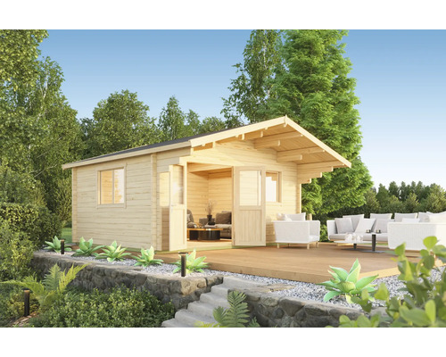 Gartenhaus Outdoor Life Zanzibar inkl. Fenster Fußboden Vordach 485 x 390 cm Holzgartenhaus mit Terrasse und Gartenmöbeln in einem Garten
