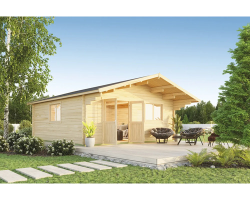 Gartenhaus Outdoor Life Zanzibar inkl. Fenster Fußboden Vordach 575 x 575 cm Gartenhaus aus Holz mit Terrasse und Gartenmöbeln