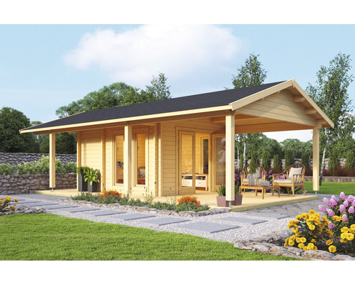 Gartenhaus Outdoor Life White Nile inkl. Fenster Fußboden Terrasse 400 x 790 cm Holz Gartenhaus mit überdachter Terrasse im Garten