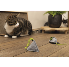 Szene mit zwei Katzen und Katzenspielzeug auf einem Holzboden