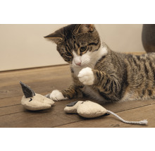 Getigerte Katze spielt mit Katzenspielzeugmäusen auf Holzboden