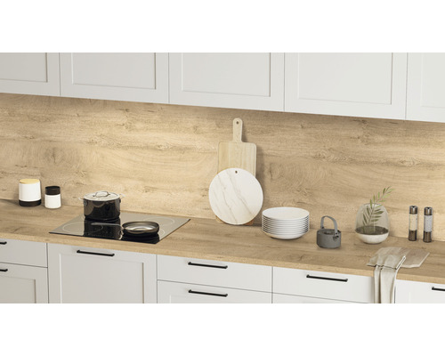 Küchenszene mit Kochfeld, Spüle, Geschirr und Küchenutensilien auf einer Arbeitsplatte.