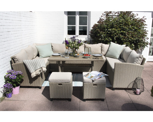 Dining-Set Gartenmöbelset Loungeset 9 -Sitzer bestehend aus: Dreisitzer-Sofa,2 Hocker,Tisch,inkl, Auflagen Polyrattan Stahl Beige