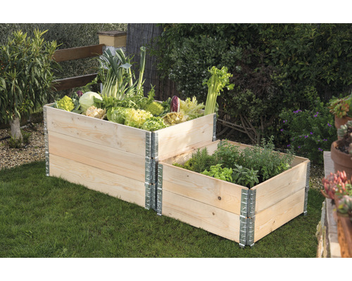 Hochbeet aus Holz mit Gemüse und Kräutern im Garten