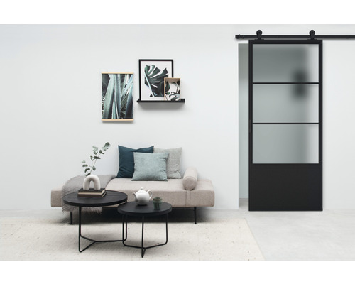 Wohnzimmer mit Schiebetür, Sofa, Couchtisch und Wanddekoration