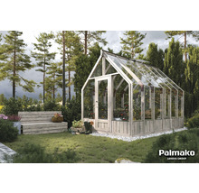 Gewächshaus aus Holz und Glas im Garten mit Bank und Bepflanzung