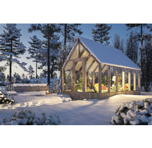 Winterlandschaft mit Gewächshaus, Sitzbank und Schneebedeckung