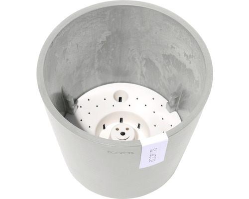 Innenansicht eines grauen Pflanzgefäßes mit Bewässerungseinsatz