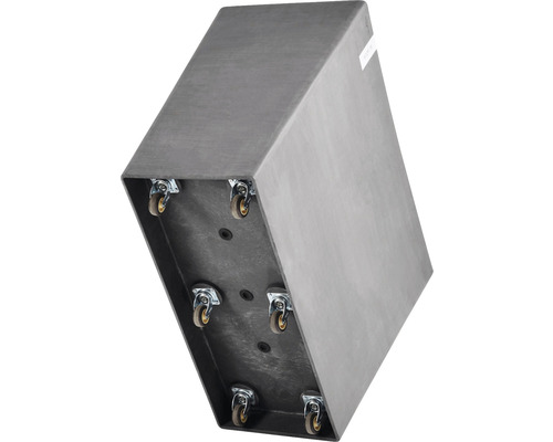 Grauer Pflanzkasten mit sechs Rollen