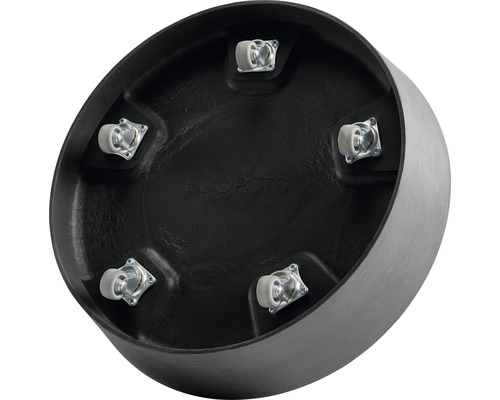 Unterseite eines Pflanzgefäßes mit Rollen