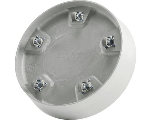 Unterseite eines runden Pflanzgefäßes mit fünf Rollen