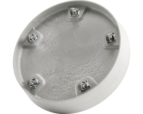 Unterseite eines runden Pflanzgefäßes mit Rollen