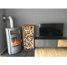 Wohnzimmer mit Kaminofen, Holzregal und Fernseher