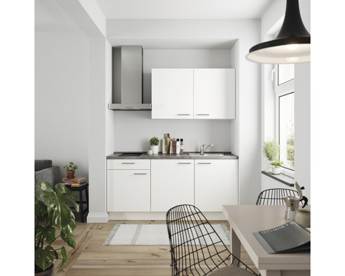 Küchenzeile Nobilia Elements Urban weiß matt 180 cm Arbeitsplatte Beton Schiefer Dunkelgrau inkl. Einbaugeräte L1 L E 354