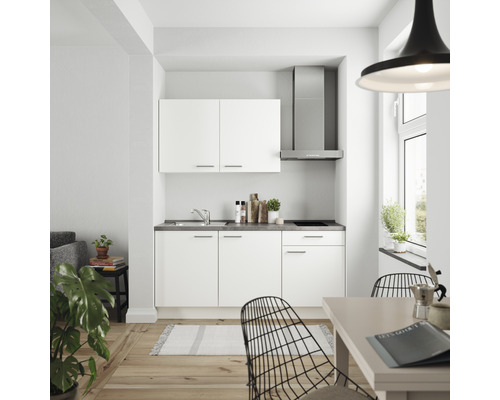 Küchenzeile Nobilia Elements Urban weiß matt 180 cm Arbeitsplatte Beton Schiefer Dunkelgrau inkl. Einbaugeräte L1 R E 354